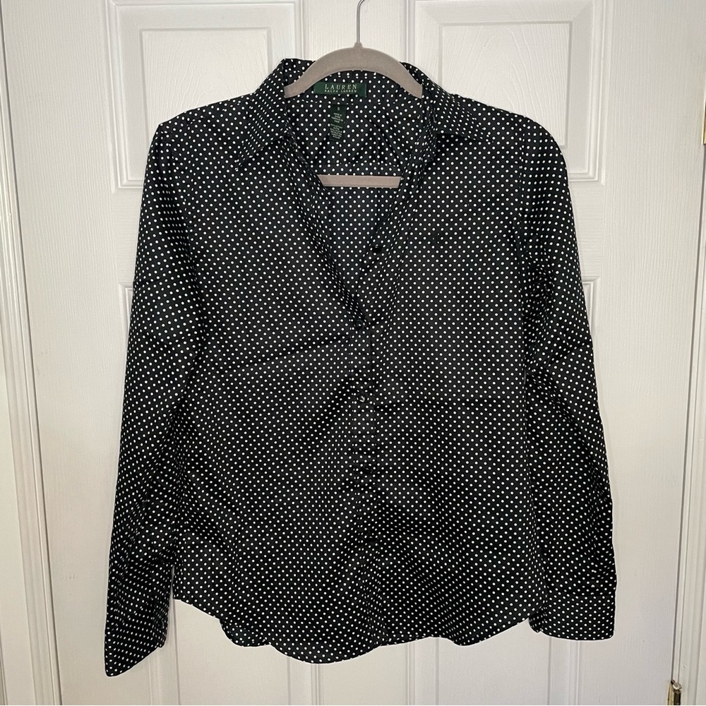 Lauren Ralph Lauren Black and White Polka Dot Button Down Collared Shirt Small
